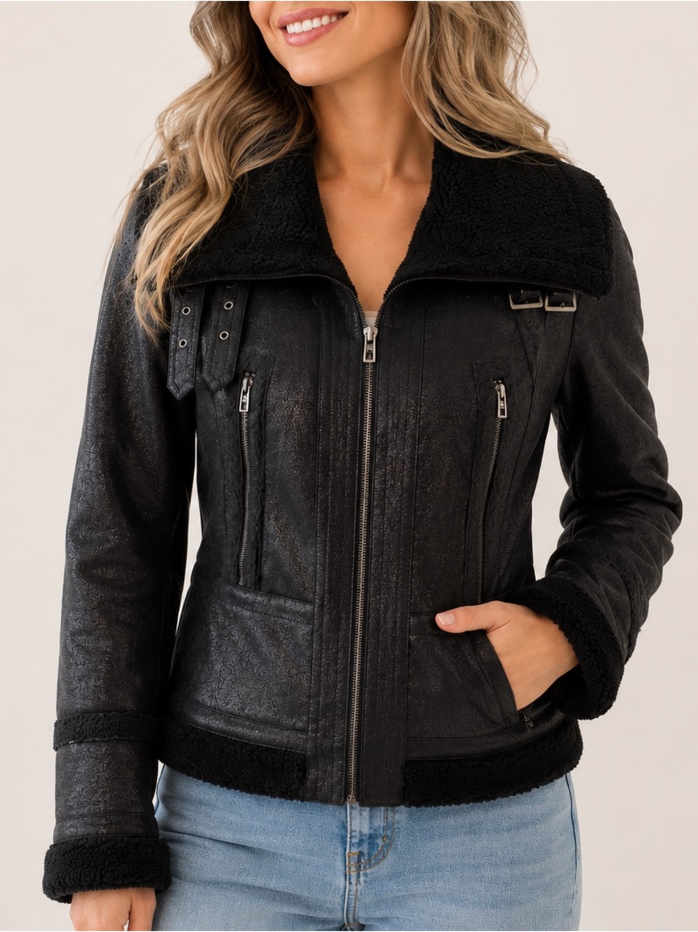 Armani Exchange | Black Faux Leather Moto Jacket | Shearling Trim | Size Small